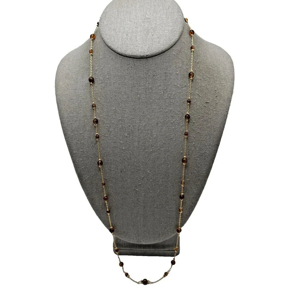 Vintage MONET Amber Brown Bead Station Necklace Gold Tone Opera Statement 30